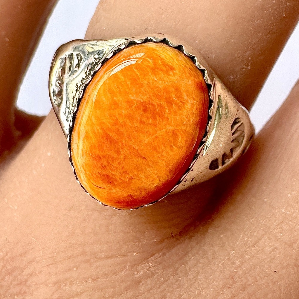 Orange Spiny Oyster Navajo Band Sz 8 Ring 15mm Signed ML Handmade‎ Native